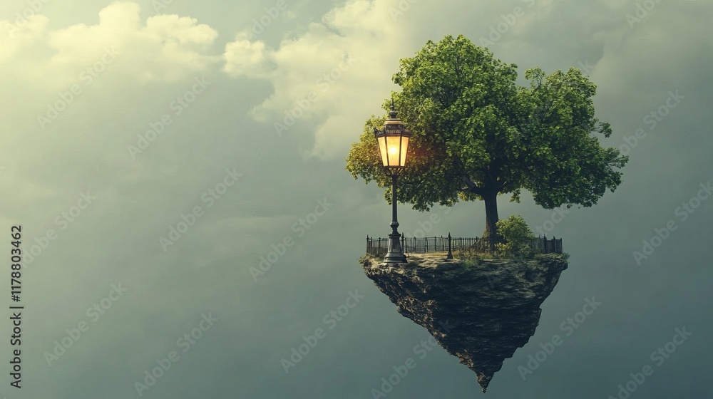 Poster ethereal floating island with tree and lantern beneath cloudy sky
