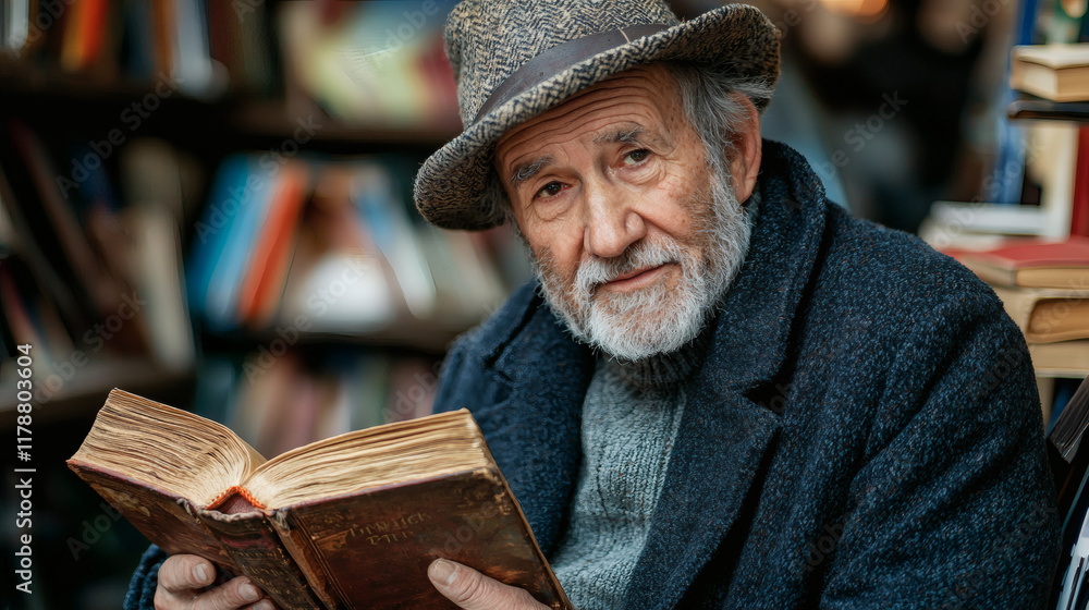 Poster retirement hobbies captured through an elderly man reading antique books in a library stock photo wi