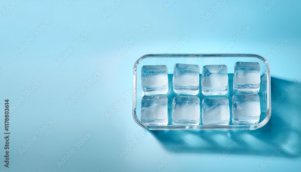 Poster clear ice cubes in a tray on a light blue background