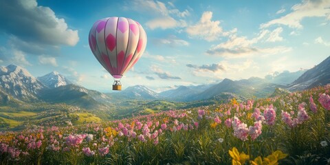 Fototapeta premium A colorful hot air balloon floats above a scenic mountain valley filled with vibrant wildflowers under a clear blue sky.