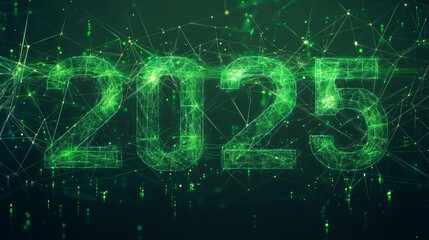 "2025" formed by a network of glowing green lines and eco-symbols
