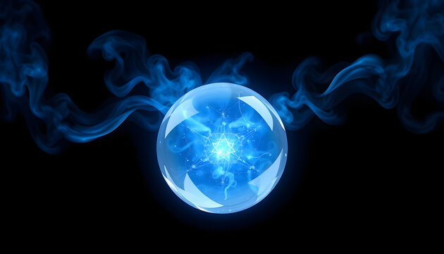 Crystal ball energy magic sphera with blue smoke on a black background, digital art, with white tones