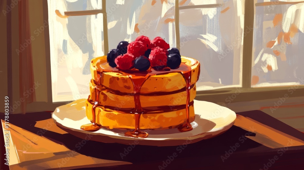 Poster Stack of buttery French toast drizzled with syrup and topped with fresh berries, creating a delicious, inviting breakfast scene