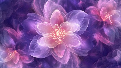 Ethereal purple and pink flowers with translucent petals glowing softly