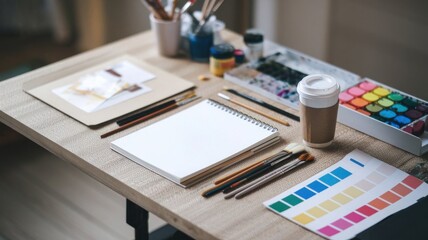 A flat lay of artistic and creative items such as paintbrushes, colorful paint, a sketchbook, and a coffee cup arranged on a textured desk, captured with soft overhead lighting that highlights the vib