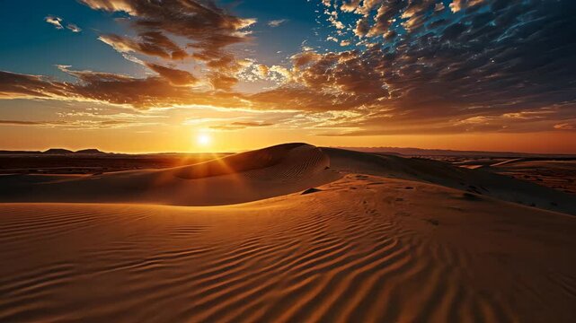 A videograph of the sun setting over a vast desert landscape, showcasing the changing colors and dramatic lighting, Sunset over a tranquil, sandy desert