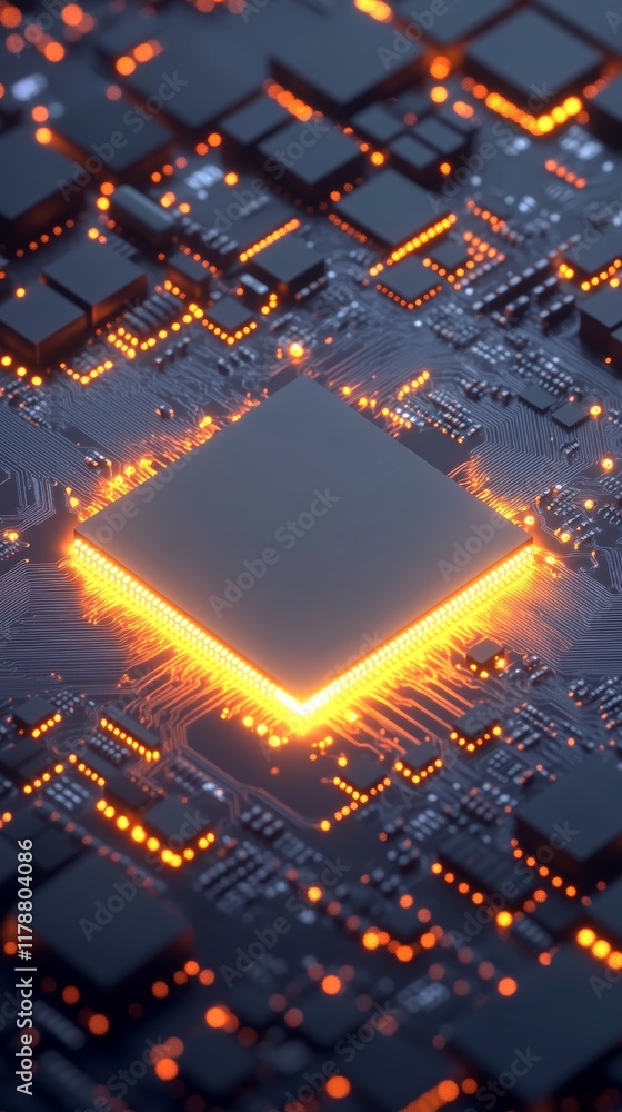 Poster close-up of a glowing microchip on a circuit board, symbolizing cutting-edge technology and electron