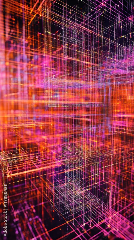 Poster abstract 3d grid structure with data connections in bright colors for technology and design backgrou