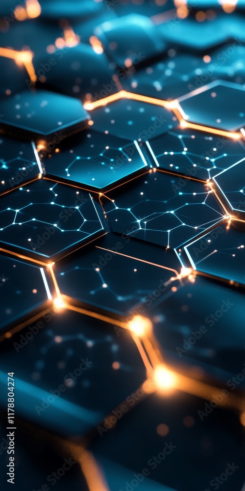 Poster abstract digital network with glowing hexagons and connections, showcasing a futuristic and technolo