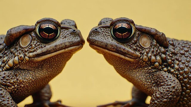 Two toads facing each other on a yellow background in a natural display of curiosity