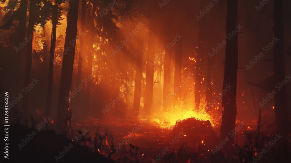 Poster Sunset view with warm, golden sunlight streaming through a forest, illuminating the trees and creating a beautiful contrast
