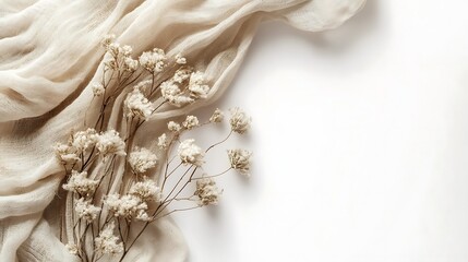 Beige fabric and dried flowers on white background; wedding invitation design. (1)