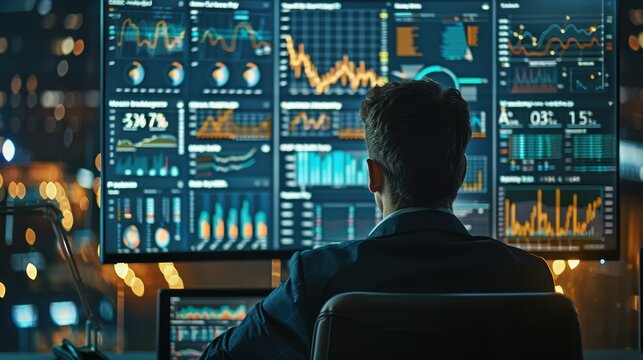 A financial analyst performing quantitative analysis, with statistical graphs, metrics, and trend lines displayed on a high-resolution monitor in a sleek office