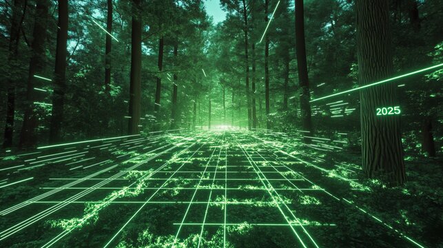 "2025" written in glowing green lines above a digital forest floor