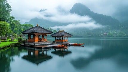 Obraz premium Serene lakeside pavilions surrounded by misty mountains and calm waters.