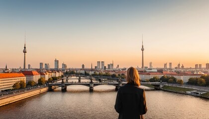 Woman observes cityscape at sunset over river.