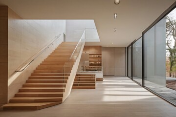 Obraz premium A modern indoor staircase with a sleek and minimalist design. The staircase features light-colored steps, a stainless steel handrail that adds a touch of contemporary elegance. 