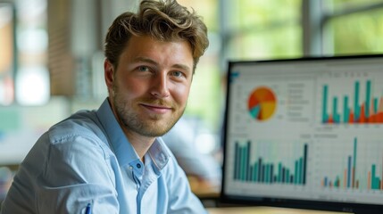 A financial analyst working on a financial model with cash flow projections, revenue graphs, and key financial indicators displayed on a high-resolution monitor