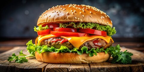 Juicy burger close-up: perfectly grilled patty, melted cheese oozing.