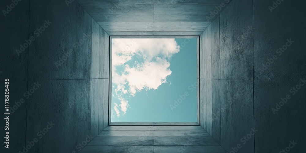 Wall mural Minimalist concrete ceiling with a square skylight framing a view of the blue sky and clouds.