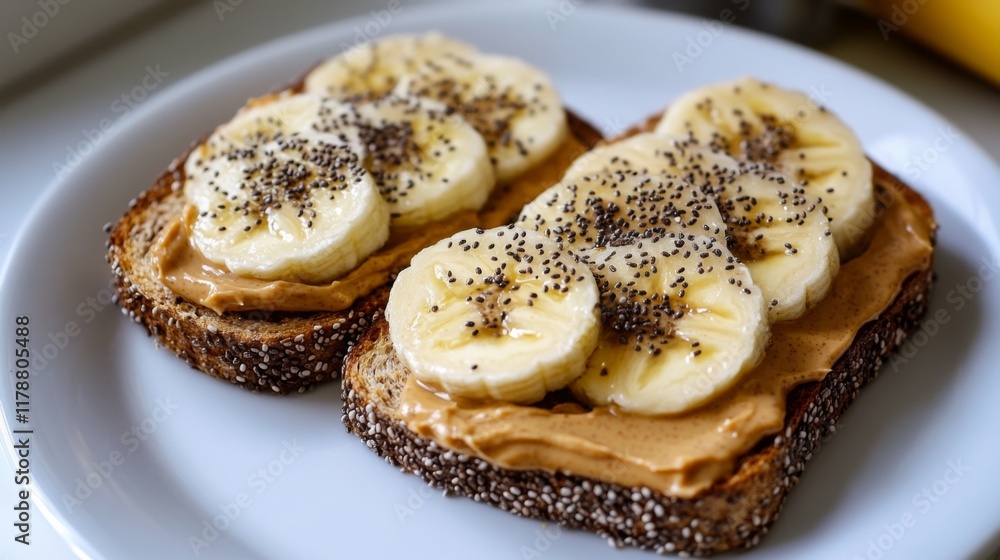 Poster Toast topped with creamy peanut butter and banana slices, sprinkled with chia seeds, creating a nutritious and delicious breakfast option