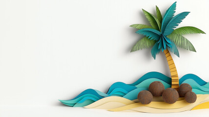 Obraz premium a tropical setting with a paper-cut palm tree, coconuts, and layered waves in blue and teal. a tree has vivid green leaves layered for depth, and the beach is detailed with yellow and tan paper cuts