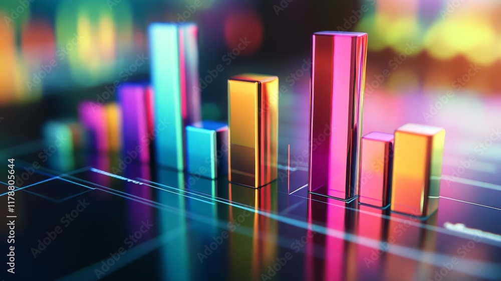 Poster multi-colored d bar graph on a glossy surface, with each bar casting distinct shadows, giving a shar