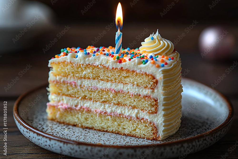 Poster a piece of cake consisting of two layers of vanilla sponge cake with cream between them. there is a 