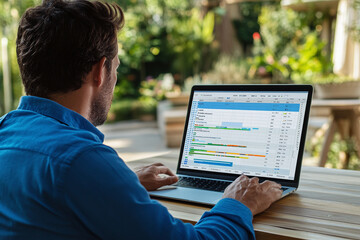 A man is sitting at a wooden table and working on a laptop. The laptop screen shows a table with graphs and diagrams