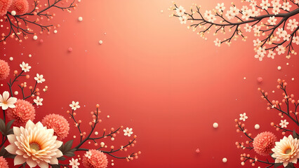 Chinese New Year Floral Background.  Elegant Cherry Blossom and Chrysanthemum Design.
