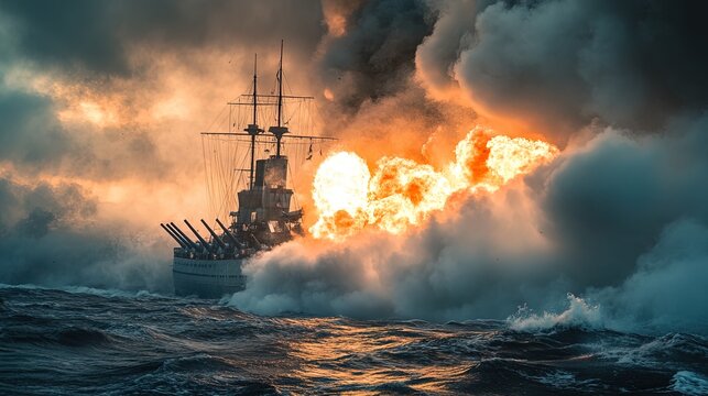 Warship firing cannons in the open sea, dramatic explosion and smoke trails