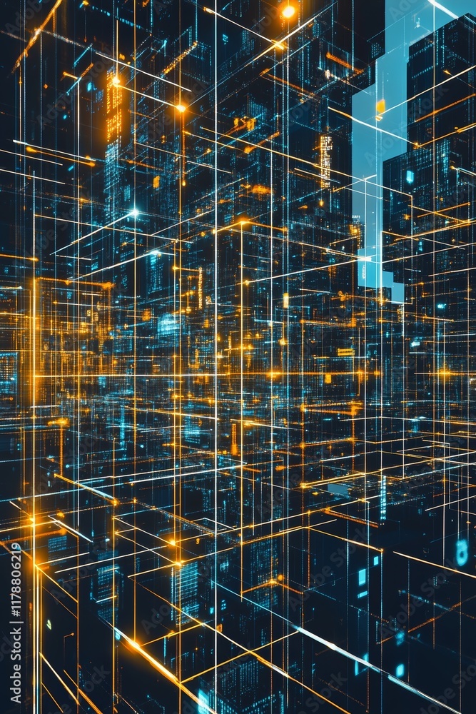 Poster Explore a mesmerizing visual of interconnected digital grids, bursting with vibrant lights and intricate patterns, depicting a futuristic network environment.