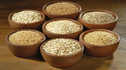 Variety of whole grains like quinoa, barley, and oats arranged in small bowls on a rustic wooden table, showing rich textures and earthy tones