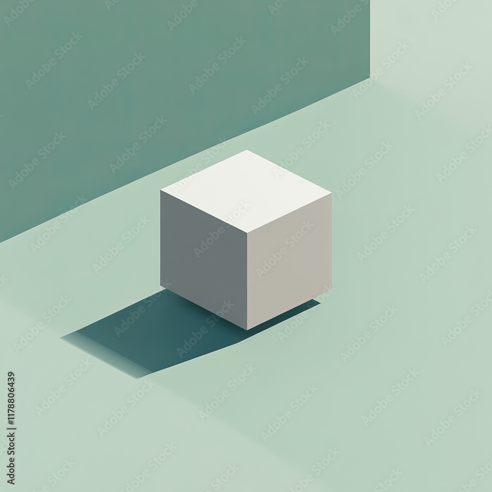 Poster a minimalist cube casting a shadow on a pastel green background, showcasing modern geometric design 