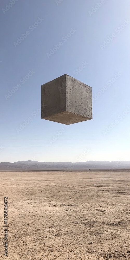 Poster a mysterious concrete cube hovers above a barren desert, creating a surreal and intriguing visual ag