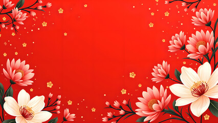 Obraz premium Floral Background with Red and White Magnolias. Concept of Spring, Chinese New Year, Celebration, and Floral Design.