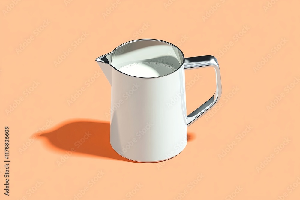 Poster a white pitcher with a handle sits on a red background. the pitcher is filled with milk. the pitcher