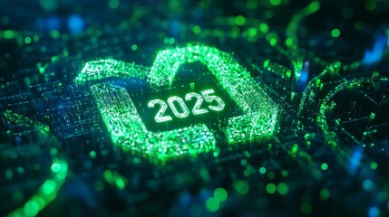 A circular economy concept with "2025" glowing in the middle of green loops