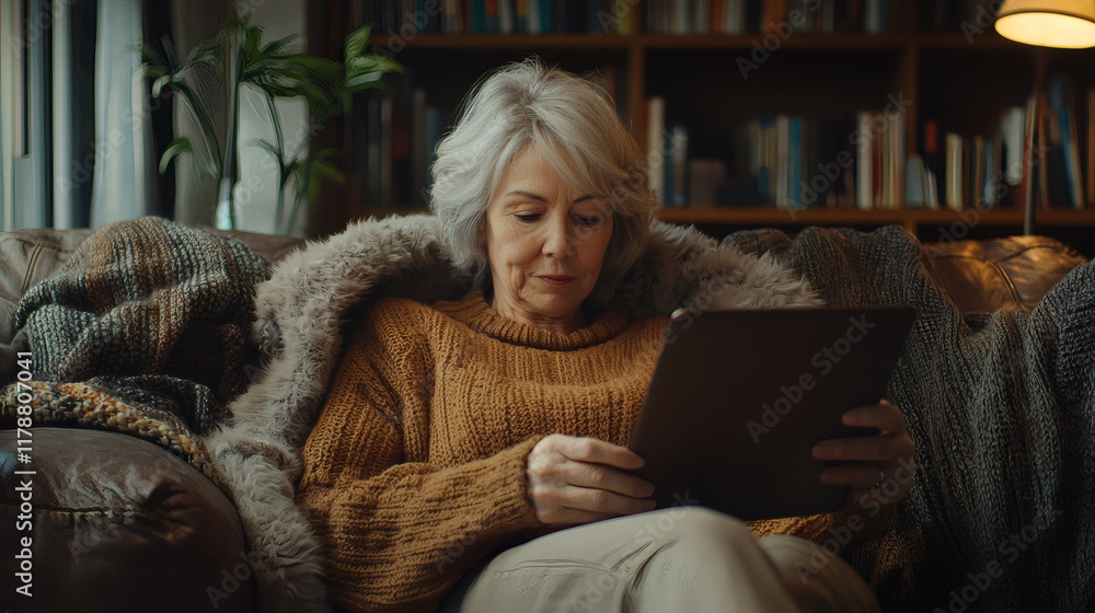 Poster assistive technology for seniors depicted by a retired woman using a tablet with large font settings