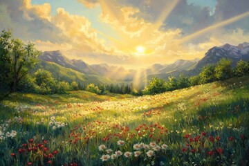 Obraz premium Breathtaking sunrise illuminating a colorful wildflower meadow with mountains in the distance, creating a serene and picturesque landscape.