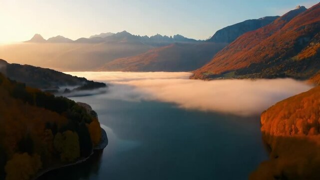 An autumn sunrise in the foothills of the Alps, bathing the landscape in a warm golden glow
