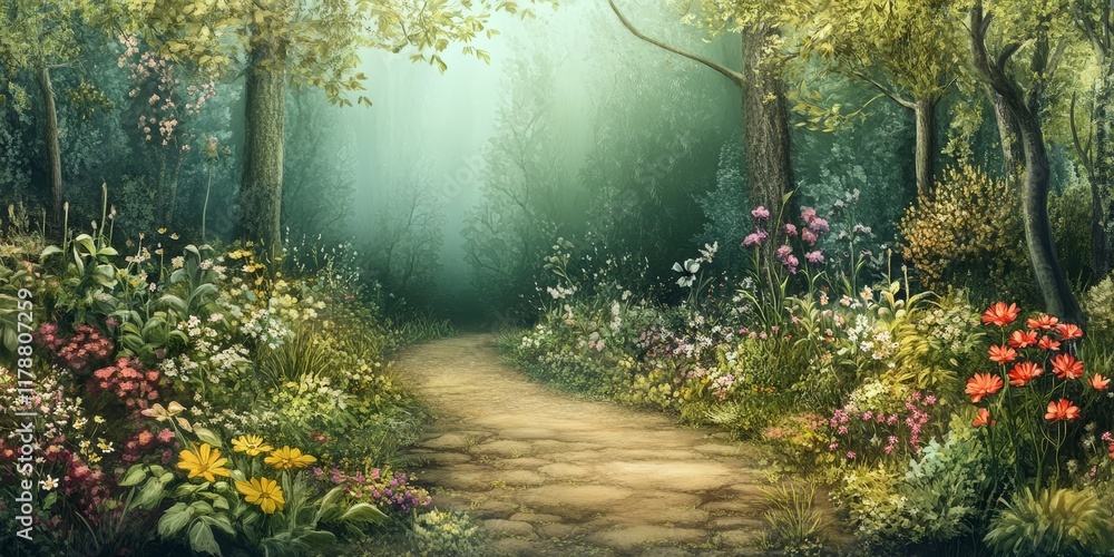 Poster serene forest path lined with vibrant wildflowers, bathed in soft sunlight filtering through the tre