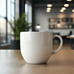  mockup of the white cup, staying on a table in the office, realistic background