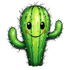 Textured Green Cactus with Smiley Face on White Background
