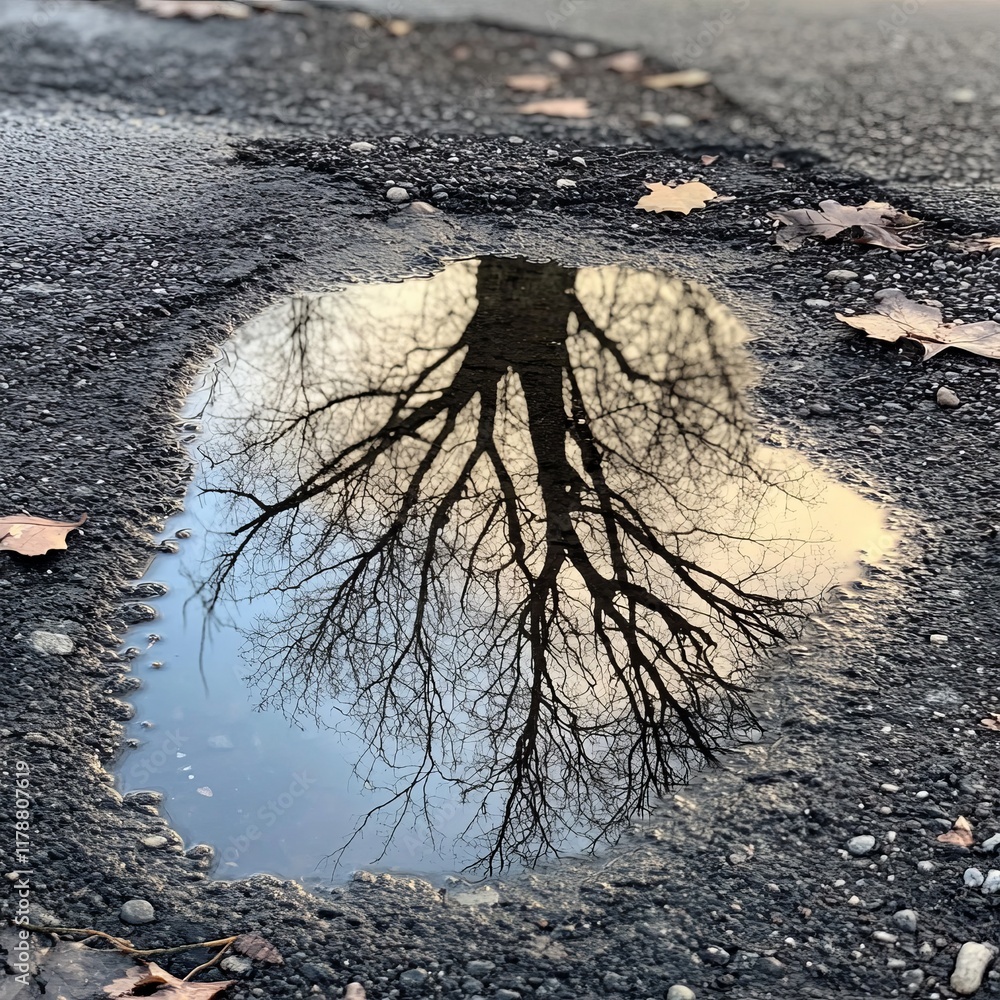 Poster a serene reflection of a bare tree in a puddle on a textured asphalt surface, framed by fallen autum