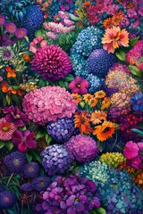 A stunning array of colorful flowers in full bloom, showcasing nature's vibrant palette in a lush garden setting.