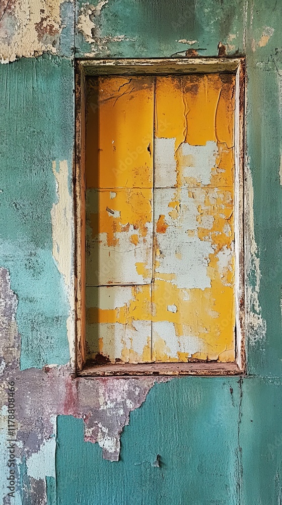Poster a captivating image showcasing a textured wall with peeling paint around a colorful window frame, hi