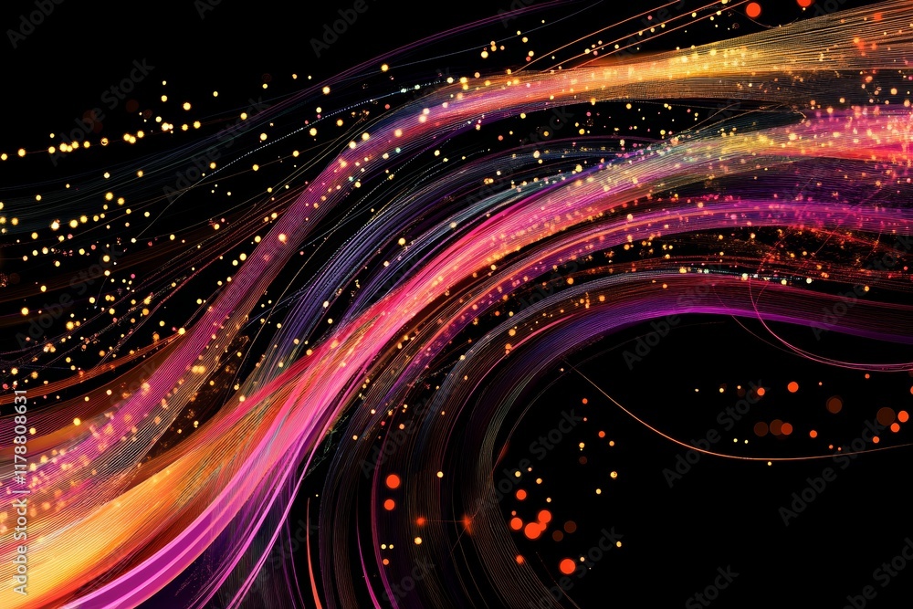 Poster Explore an abstract visual representation of data connections with vibrant colors and dynamic flows against a dark background.