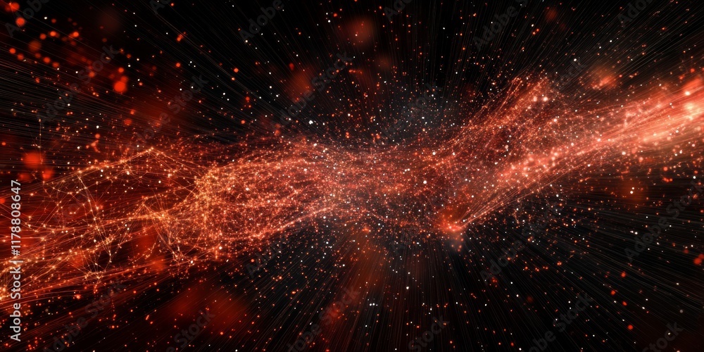 Poster immerse in this stunning abstract image depicting a dynamic data network with vibrant red and orange
