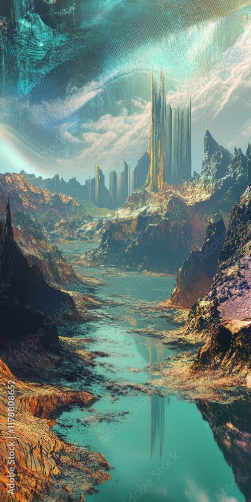 Poster dreamlike surreal landscape with abstract mesh elements and data visualization in a fantastical worl